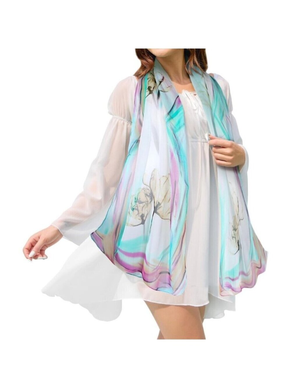 Women's Lake Green Fashion Lightweight Head Scarf Floral Print Chiffon Scarves